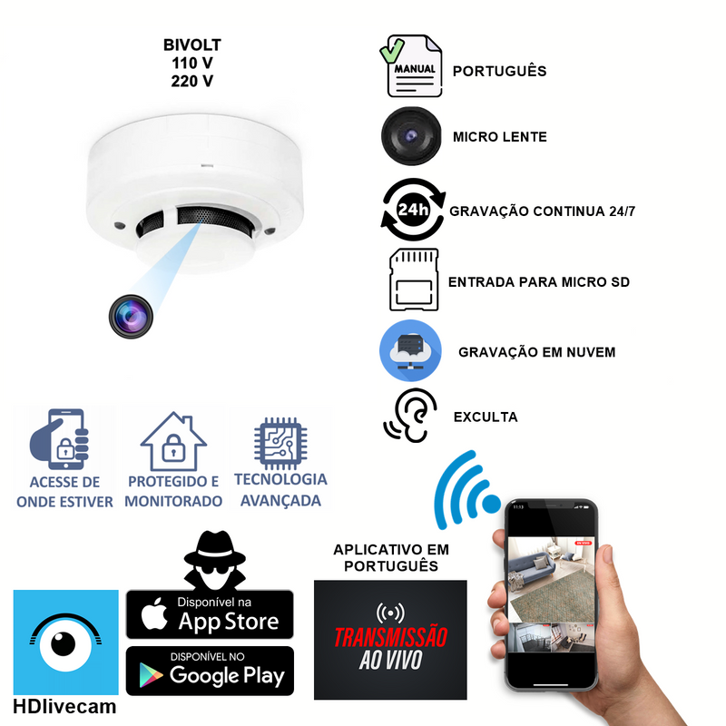 Micro Câmera Escondida Sensor De Fumaça Wifi + 32gb